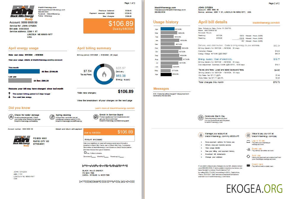 USA Nebraska Lincoln Black Hills Energy utility bill, 2 pages scr